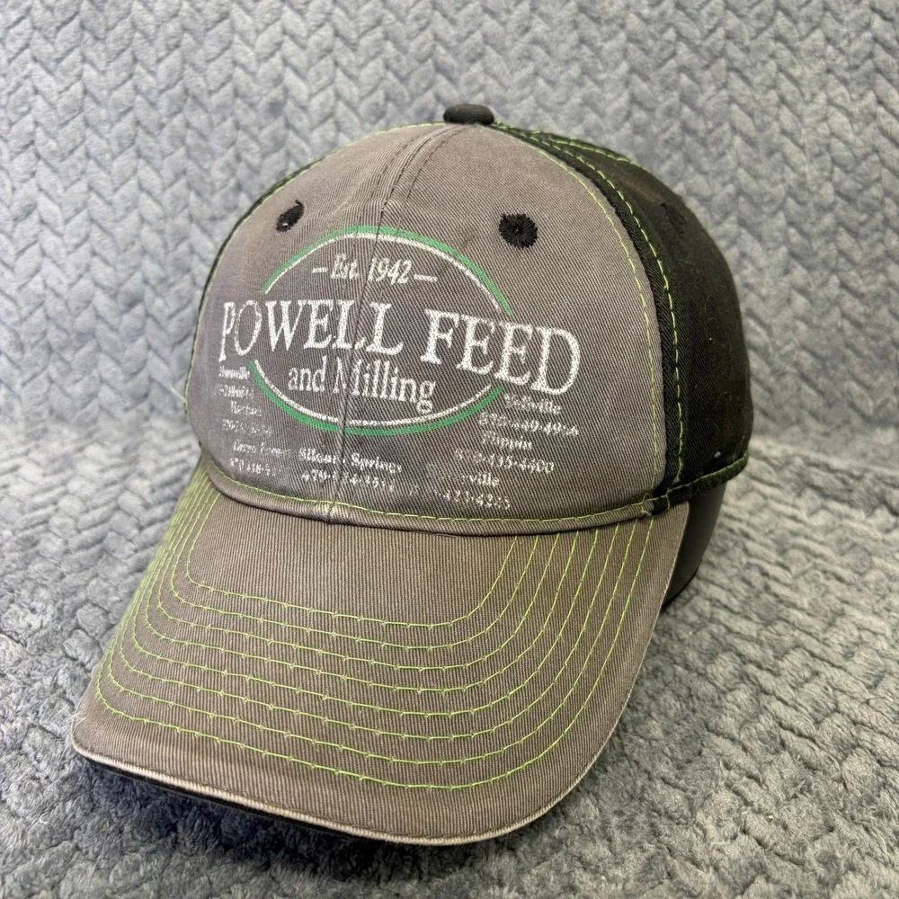 Powell Feed and Milling Hat Grey Black Neon Green Contrast Stitch Baseball Cap